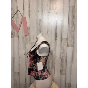 Rebellious Dreamer Floral Lace Tie Front Sleeveless Top Medium Sheer Black Pink thumbnail 3