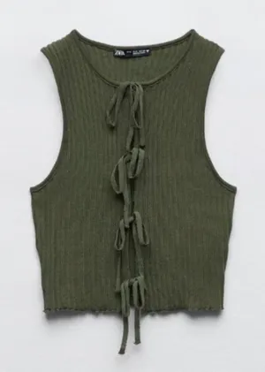 Zara Sleeveless Ribbed Tie Front Knit Top Shirt Dark Green Womens Size Small thumbnail 1