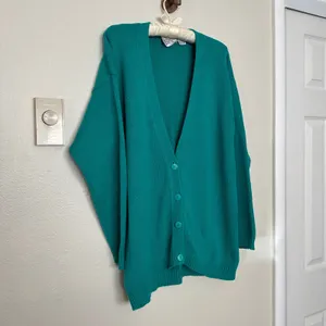 Vintage 90s Nordstrom 100% Cotton Knit Teal Button Up Vneck Cardigan Drop Sleeve thumbnail 3