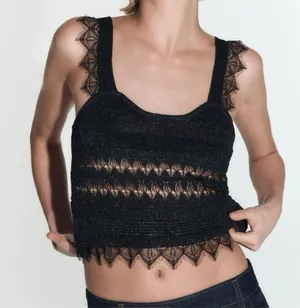 Zara Black Lace-Trim Knit Cowl Tank thumbnail 1