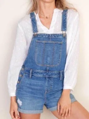 Old Navy Denim Distressed Shortalls Jean Cuffed Short Bib Overalls Size Small thumbnail 2