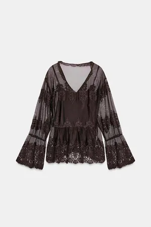 ZARA Sheer Brown Lace-Trim Peasant Bohemian Flared Sleeve Blouse Top thumbnail 8