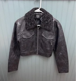 BDG Urban Outfitters Womens Black Janine Faux Leather Sherpa Cropped Jacket Moto thumbnail 1