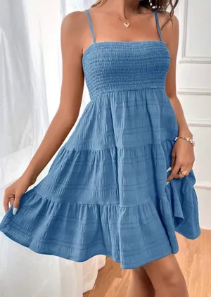 Soleia Women's Solid Color Shirred Bodice Tiered Mini Dress in Blue BRAND NEW thumbnail 1