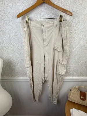 By Anthropologie Cream Linen Blend Beach Cargo Pants - Size - Medium thumbnail 8