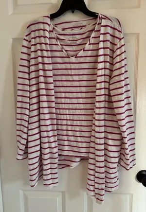 Chico's Set of Cardigan & and Matching Camisole-White with Magenta Stripes, XL thumbnail 1
