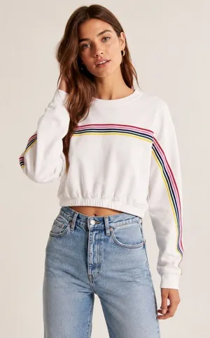 Abercrombie & Fitch Womens‎ XS White Rainbow Stripe Cropped Sweatshirt Pullover thumbnail 1