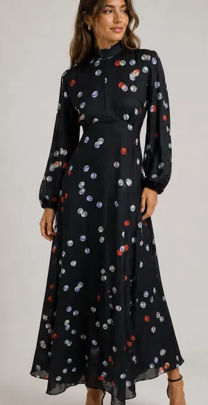 Annah Hariri Black Polka Dot Long Sleeve Maxi Dress US 6 Modest Flowy Boho thumbnail 1