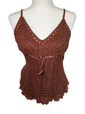 Y2K Faded Glory‎ Brown Silk Crochet Cami Top Womens XL Boho Romantic Vintage thumbnail 1