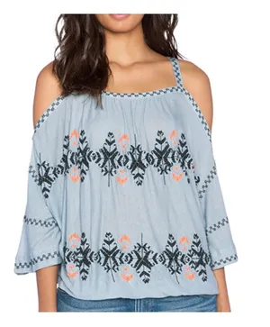 Free People Blue New World Embroidered Bohemian Cold Shoulder Peasant Top Size M thumbnail 1