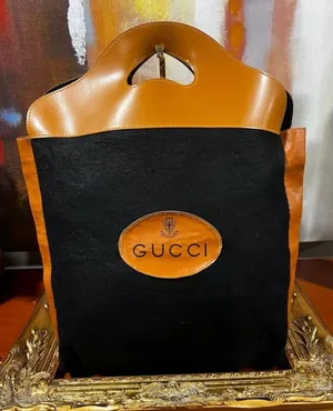 Vintage Gucci 1970s Black Felt Camel Leather Tote Made in Italy thumbnail 1