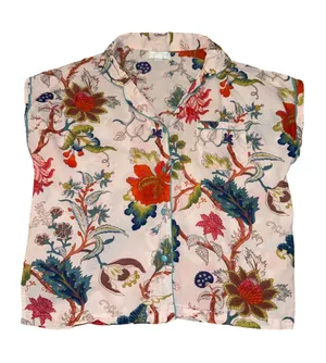 Powell Craft Floral Cotton Pajama Top M/L Pink Botanical Short Sleeve Button Up thumbnail 1