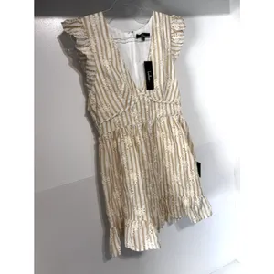 Lulus Sunny Crush NWT M Beige Ivory Striped Embroidered Ruffle Mini Dress Boho thumbnail 4