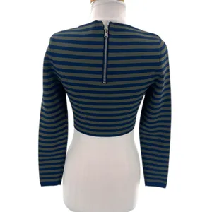 NWT‎ Good American Womens Stripe Long Sleeve Crop Top 2 medium Green/Navy thumbnail 6