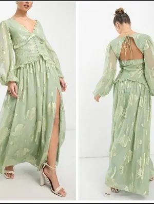 ASOS Foil Floral Long Sleeve Maxi Dress Design Green Mint 0 thumbnail 5