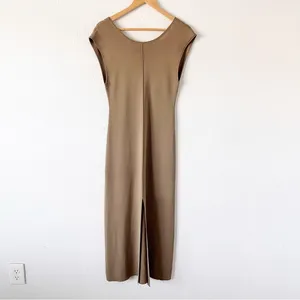 Modern Citizen Knit Tan V-Back Cutout Bodycon Minimalist Chic Midi Dress thumbnail 2