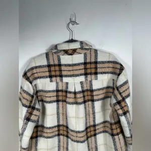 Old Navy Plaid Sherpa Jacket Petite Small Button Front Coat Tan Cream Black Warm thumbnail 5