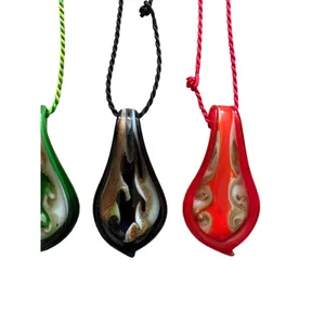 Set of 4 Hand Blown Art Glass Flame Teardrop Pendant Cord Necklaces‎ Multi Color thumbnail 4