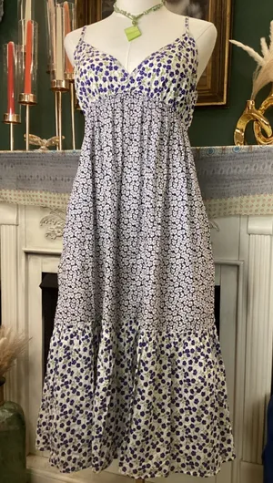 Gap Womens Blue White Floral Tiered Midi Dress Empire Waist Pockets Medium thumbnail 1