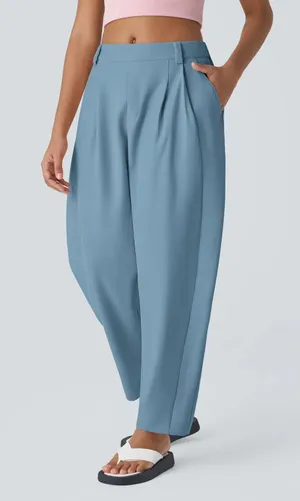 Halara Mid Rise Pocket Barrel Leg Work Pants Casual Pleated Pull On Light Blue S thumbnail 1