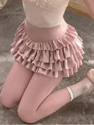 Japanese Kawaii Y2K Cottagecore Silky Dusty Pink Layered Ruffle Mini Skirt Skort thumbnail 4