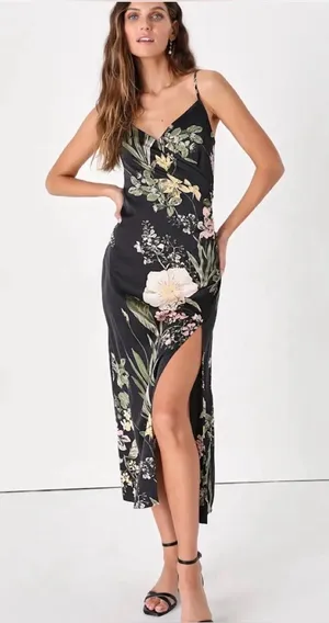 Lulus Remarkable Entrance Black Floral Print Satin Midi Dress Size XS thumbnail 1