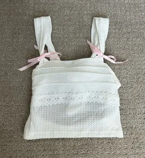 White Knit Crop Tank with Pink Bow Straps Size XS thumbnail 1