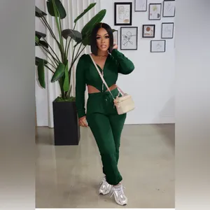 Source Unknown Womens Two Piece Outfits Tracksuit Green Size Small Sweatsuit Cropped Zip Up thumbnail 3