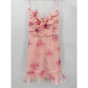Lulu’s Pink Floral Fairy Ruffle Mini Party Dress Ruched Bodice Medium NEW thumbnail 7
