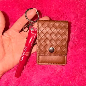 Free People Brown Woven Key Card Holder with Red Lip Gloss Charm thumbnail 3
