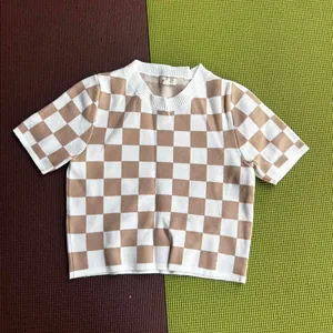 Fuzzy Checker crop top in tan and beige thumbnail 2