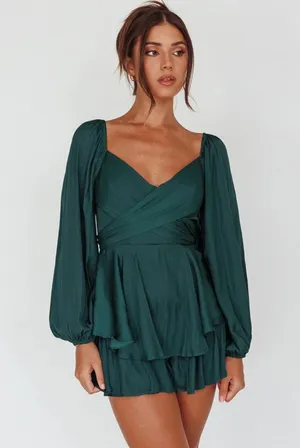 Hello Molly Sunrise Memories Romper Forest Green long sleeve XS 2 thumbnail 1