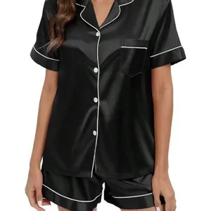SHEIN Black Satin Short Pajama Set with White Piping thumbnail 1