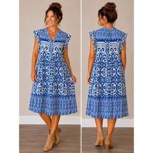 Umgee USA Blue‎ White Ikat Damask Ruffle Sleeve Midi Babydoll Dress Large B8620 thumbnail 2
