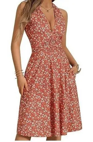 HUHOT Halter Dress Floral Ruched Summer Casual Sundress Pink‎ White L thumbnail 1
