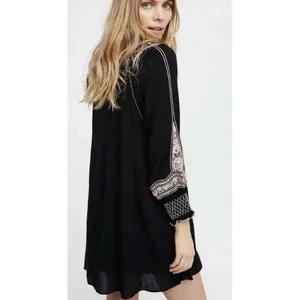 Free People Wind Willow Bohemian Peasant Mini Dress Size Large Navy Embroidered thumbnail 3