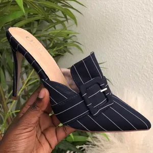 Olivia Jaymes Office Siren Core Navy white pin striped mules buckle detail 4” heels pumps - Size 8 thumbnail 1