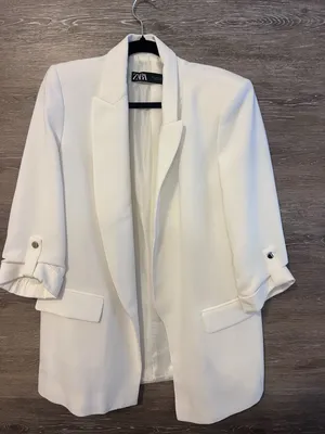 ZARA Women White Blazer Long Sleeve Full Length Button pockets Size Small thumbnail 1