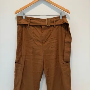 Vince Belted Linen Blend Utility Capri Pants Womens Sz L Brown Cuffed High Rise thumbnail 4