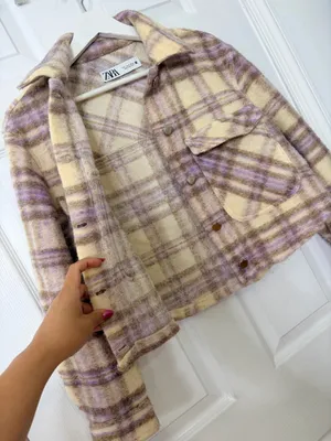 Zara Cream Purple Plaid Cropped Shacket Jacket Size S Fuzzy Cozy Fall Layer Preppy thumbnail 7