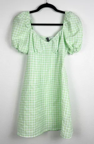 H&M Divided‎ Women Green Gingham Puff Sleeve Sweetheart Dress M thumbnail 1