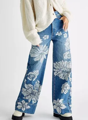 Free People NWT Blue Talia Trouser Floral Flare Denim Jeans 26 thumbnail 1
