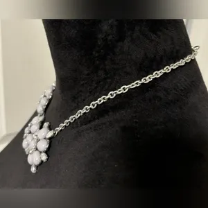 Blush Pink Rhinestone Floral Statement Necklace 3 Flower Bib thumbnail 4