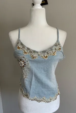 Embellished Light Blue Denim Cami Top Size L thumbnail 1