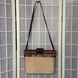 Vintage Brighton Style Y2K Handbag Brown‎ Leather Hearts Trim Plaid Straw Purse thumbnail 2
