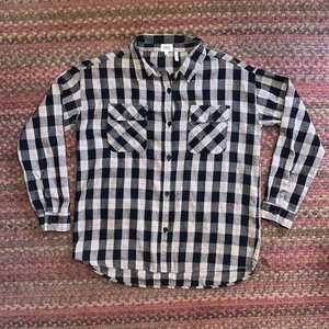 Bke Black & Tan Plaid Gingham Boyfriend Flannel Button Up thumbnail 4