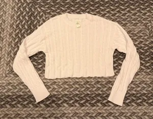 New Aerie women's medium white knit cropped crew neck sweater MSRP $60 thumbnail 1