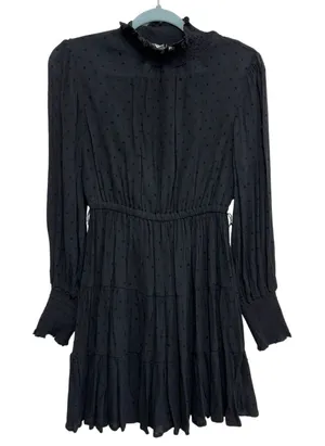 Baltic Born Black Swiss Dot Smocked Mock Neck Tiered Mini‎ Dress Large Boho thumbnail 1