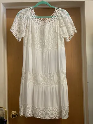 Unknown Women's Lace Tiered Short-Sleeve Dress in White Size-M/L thumbnail 3