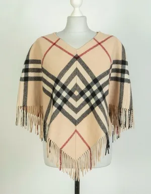 Burberry London Lamba Wool Nova Check Scarf Poncho Plaid Tan Black Red Fringe thumbnail 1